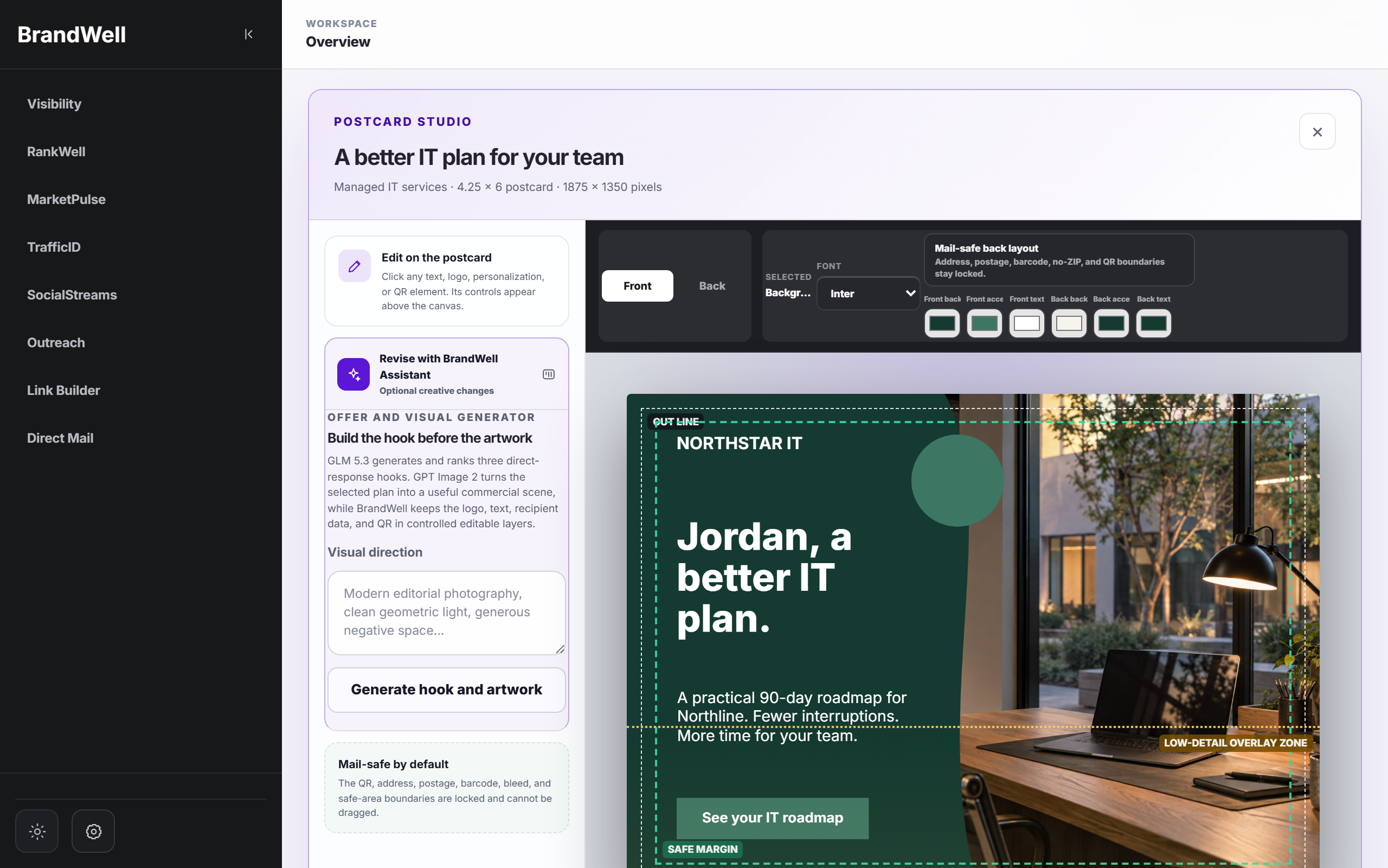 Direct Mail product workspace with fictional demo data