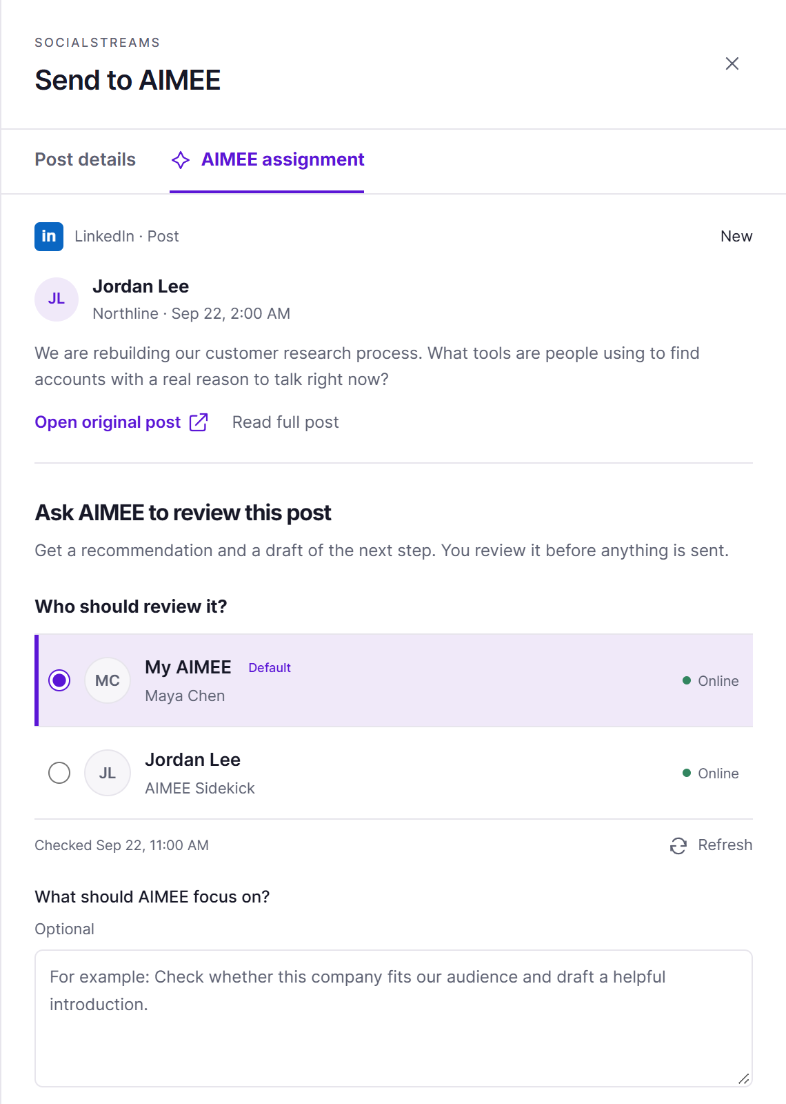 Send to AIMEE panel with a reviewer selection