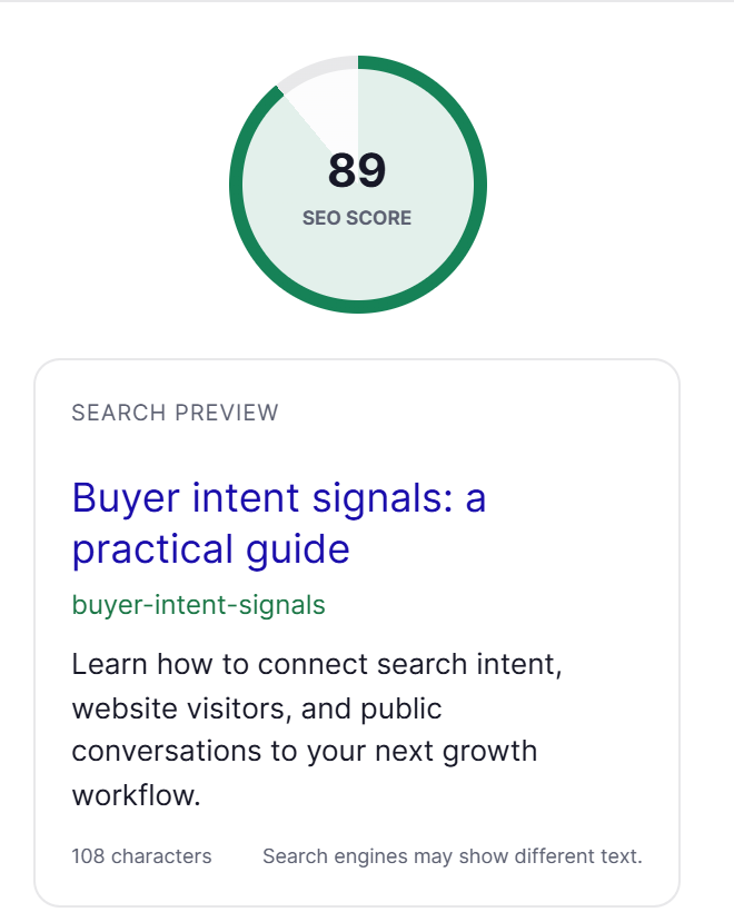 RankWell SEO score of 89 with a search preview