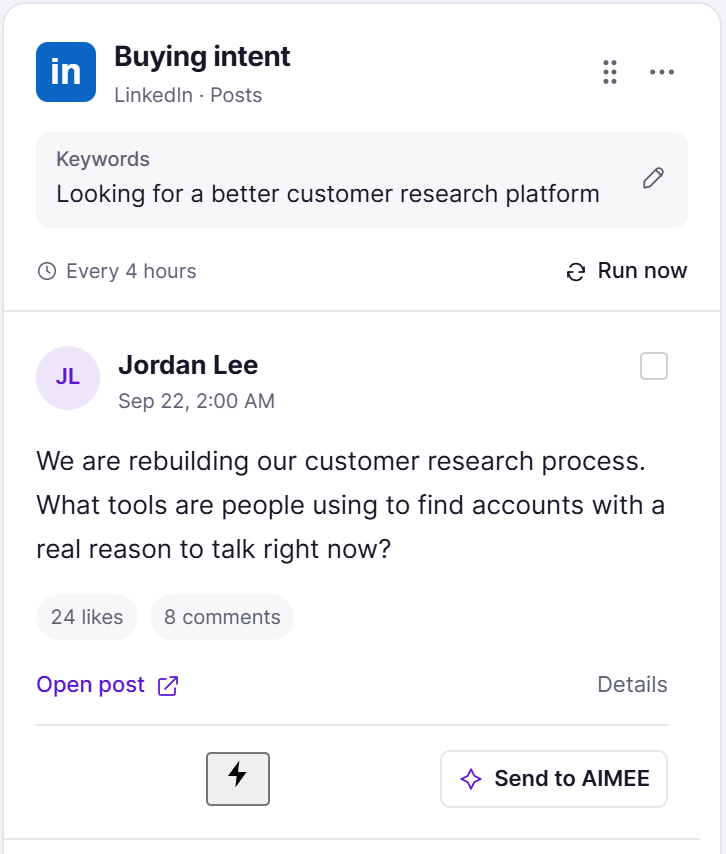 SocialStreams post from Jordan Lee asking about customer research tools