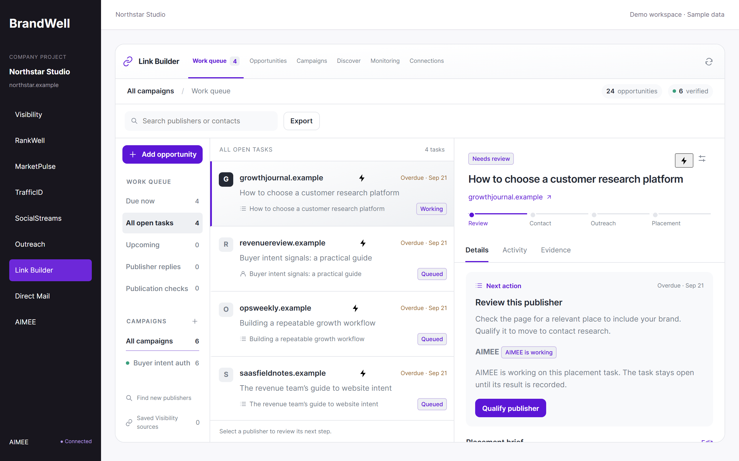 Link Builder product workspace with fictional demo data
