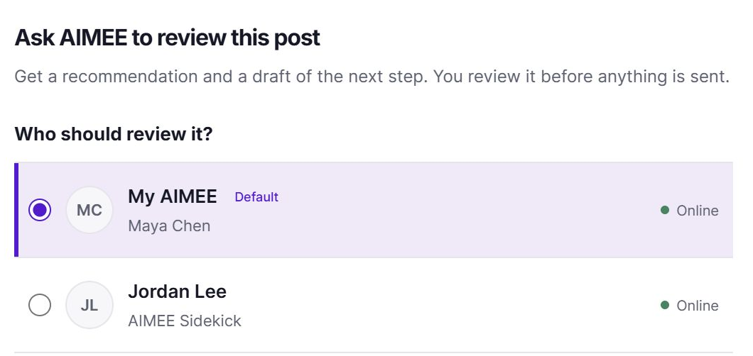 Ask AIMEE to review this post: choose My AIMEE or Jordan Lee’s AIMEE