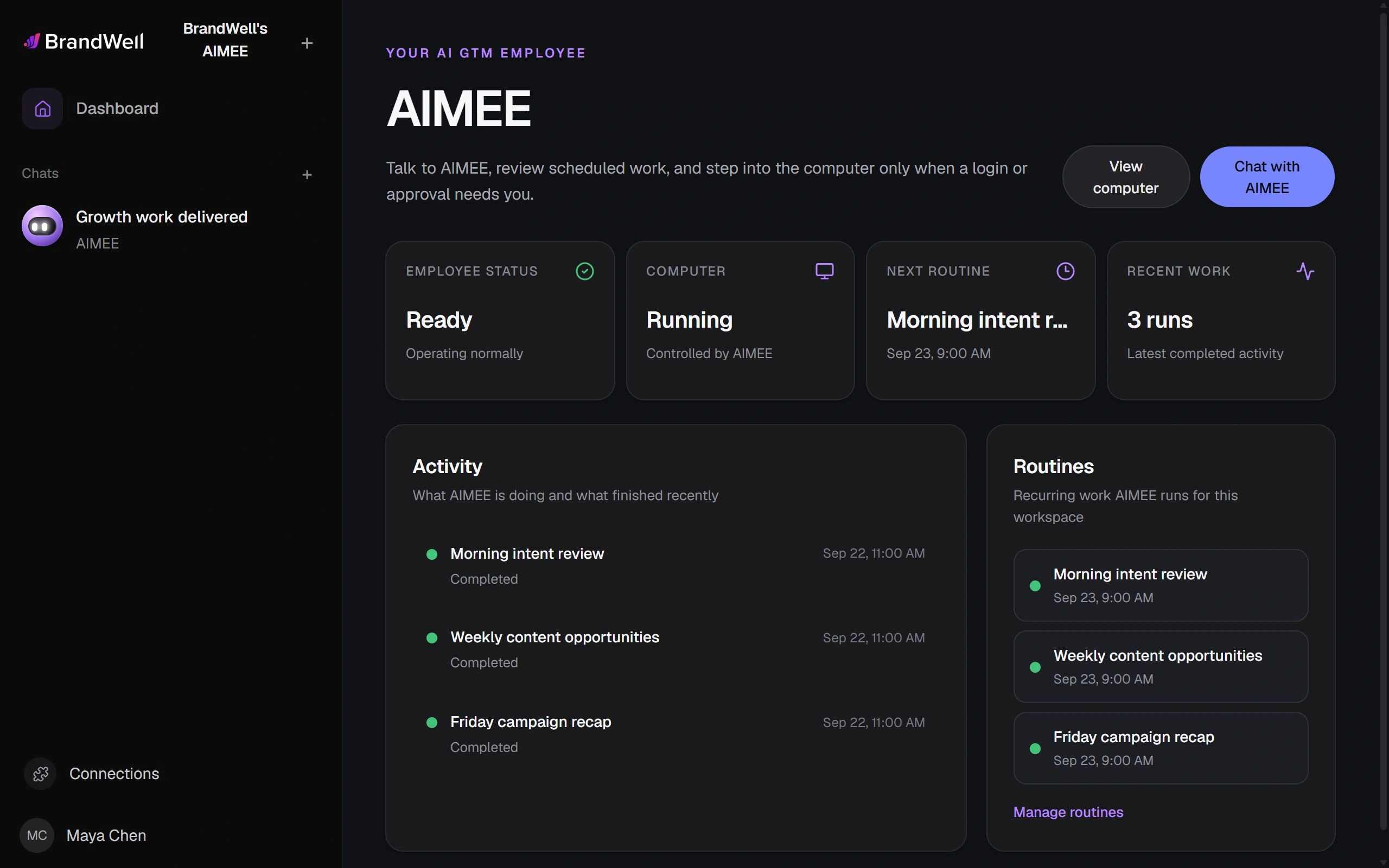 AIMEE dashboard: employee status Ready, computer Running, next routine Morning intent review