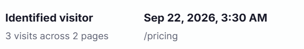 Audience source: identified visitor, 3 visits across 2 pages. Last activity: Sep 22, 2026, /pricing