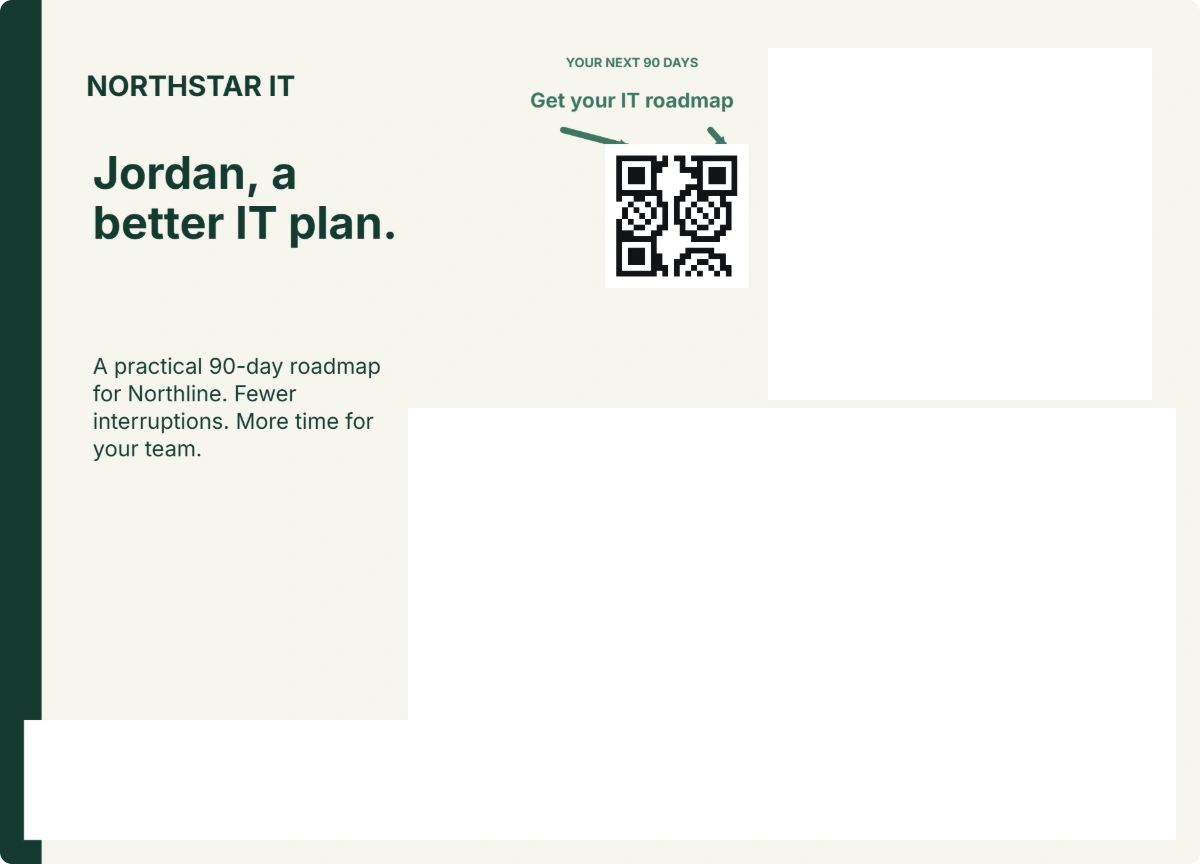 Postcard back: Jordan, a better IT plan, with a tracked QR code: Get your IT roadmap