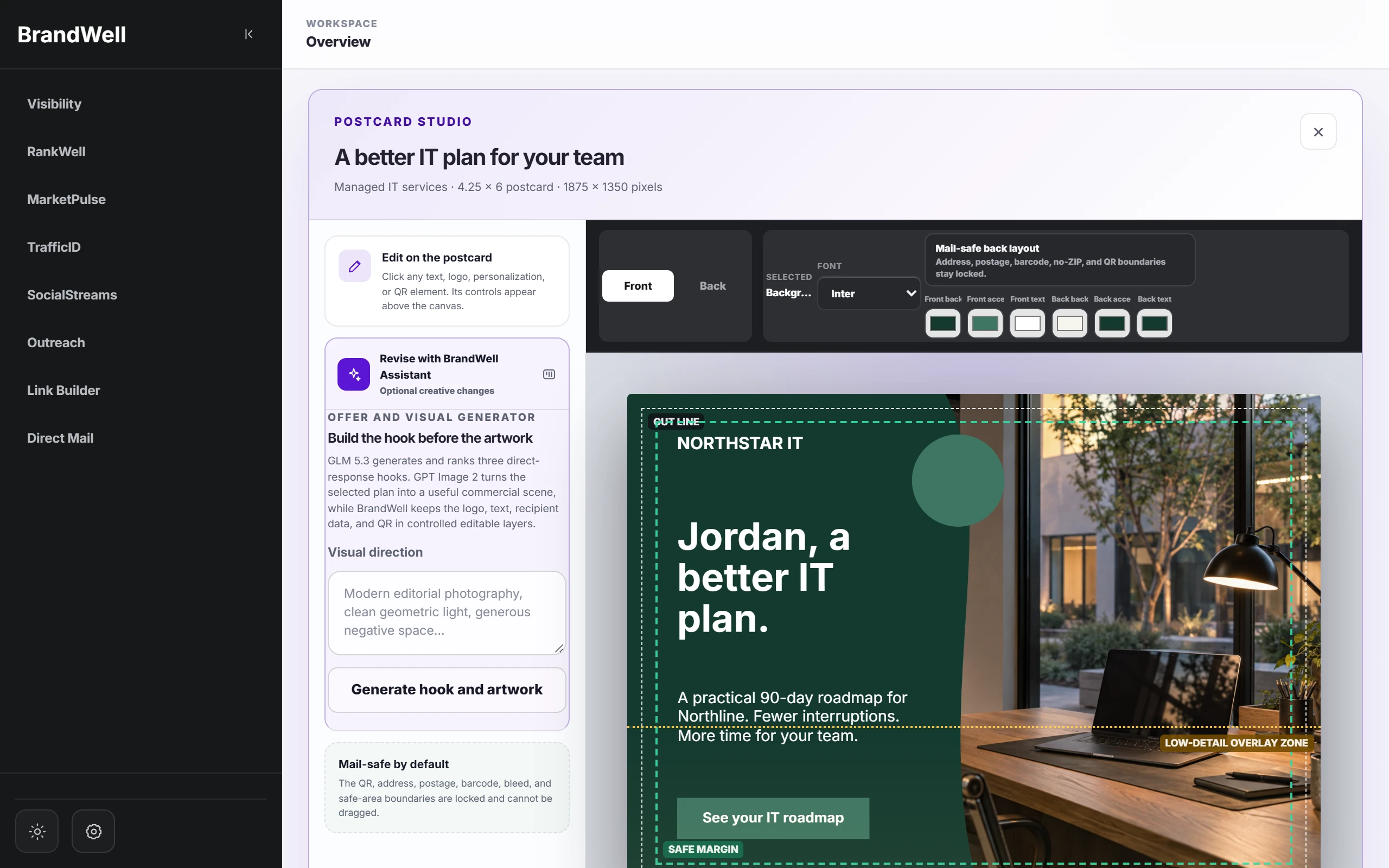 Direct Mail postcard studio: the front of the Jordan, a better IT plan postcard