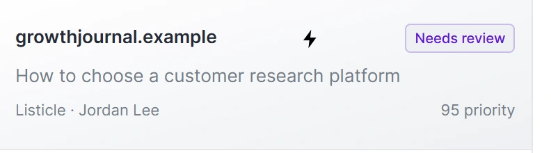 Link Builder opportunity: growthjournal.example, a listicle about choosing a customer research platform, 95 priority