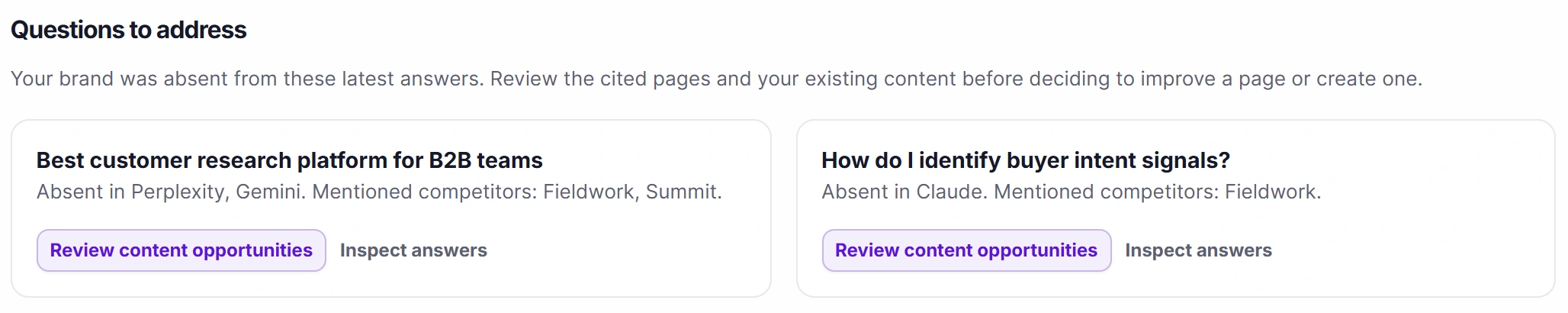 Questions to address: Best customer research platform for B2B teams, absent in Perplexity and Gemini. Mentioned competitors: Fieldwork, Summit.
