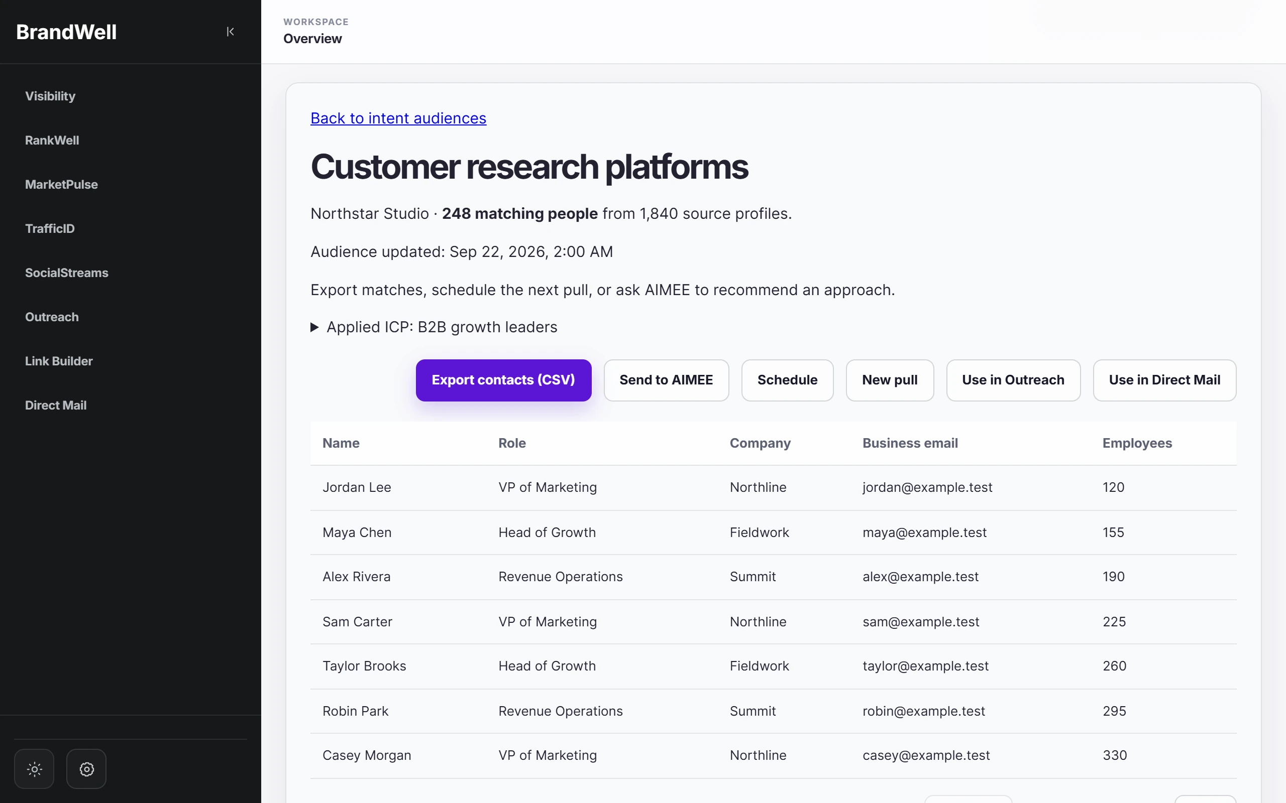 MarketPulse audience: 248 matching people with name, role, company, and business email