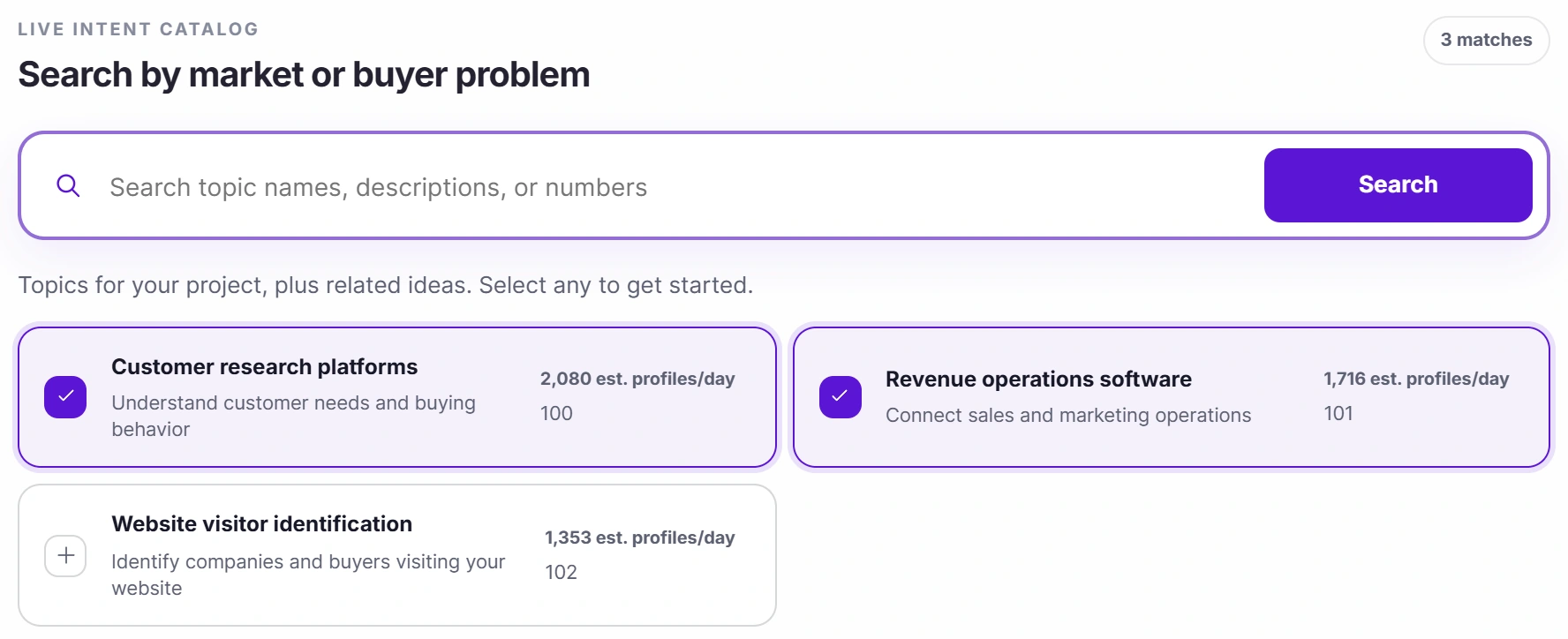 Live intent catalog: search by market or buyer problem; Customer research platforms and Revenue operations software selected