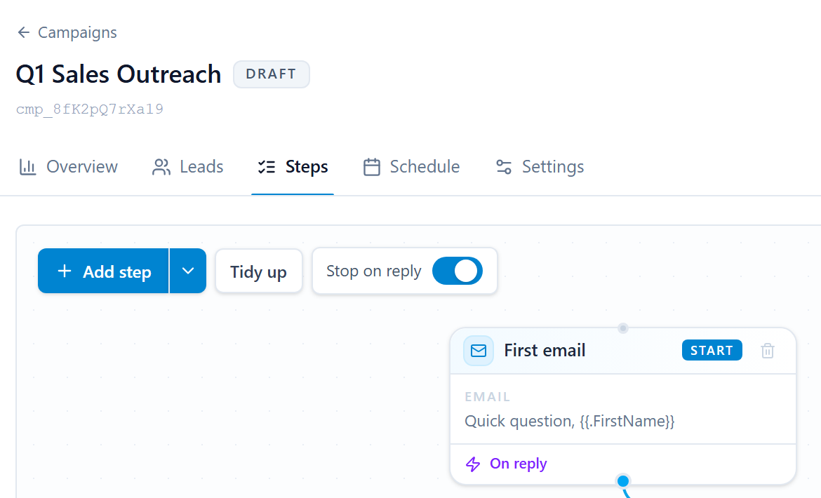 Outreach campaign Q1 Sales Outreach in draft, first email step: Quick question
