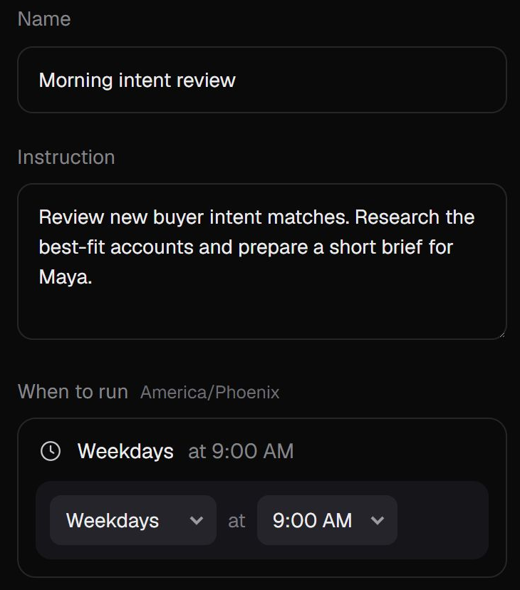 AIMEE routine: Morning intent review, weekdays at 9:00 AM