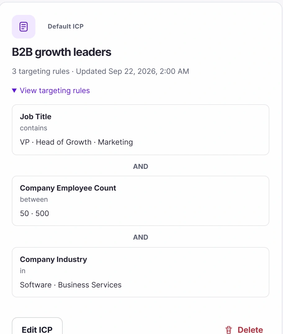 Saved ICP B2B growth leaders: job title, company employee count 50 to 500, industry software and business services