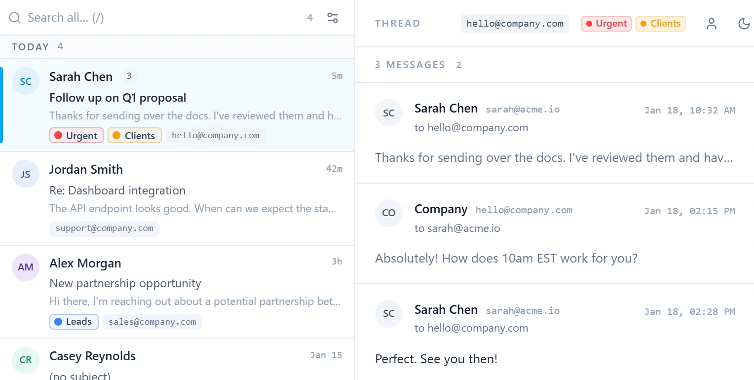 Outreach inbox: Sarah Chen replies to Follow up on Q1 proposal
