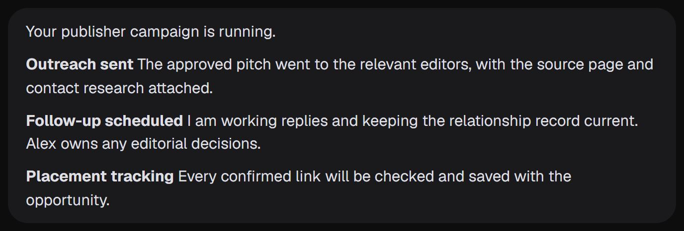 AIMEE: Your publisher campaign is running. Outreach sent, follow-up scheduled, placement tracking.