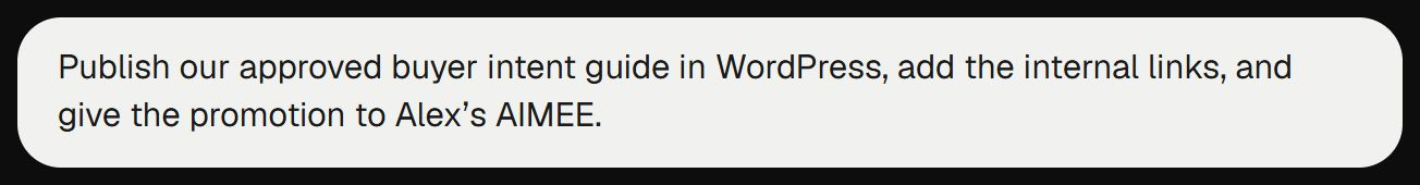 Request: Publish our approved buyer intent guide in WordPress, add the internal links, and give the promotion to Alex’s AIMEE