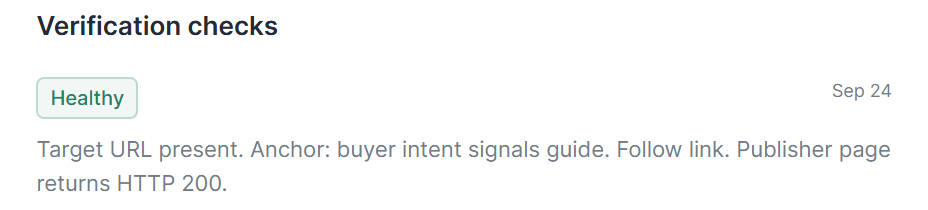 Verification check: Healthy. Target URL present. Anchor: buyer intent signals guide. Follow link.