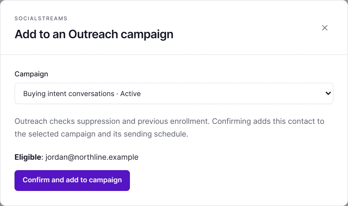 Add to an Outreach campaign: Buying intent conversations. Eligible: jordan@northline.example
