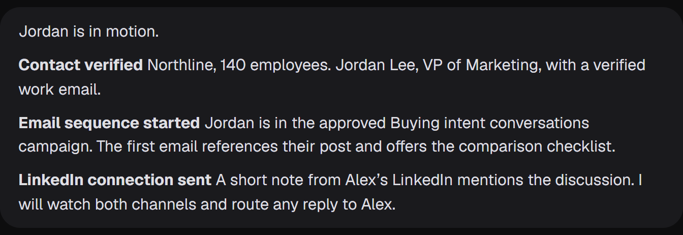 AIMEE: Jordan is in motion. Contact verified, email sequence started, LinkedIn connection sent.