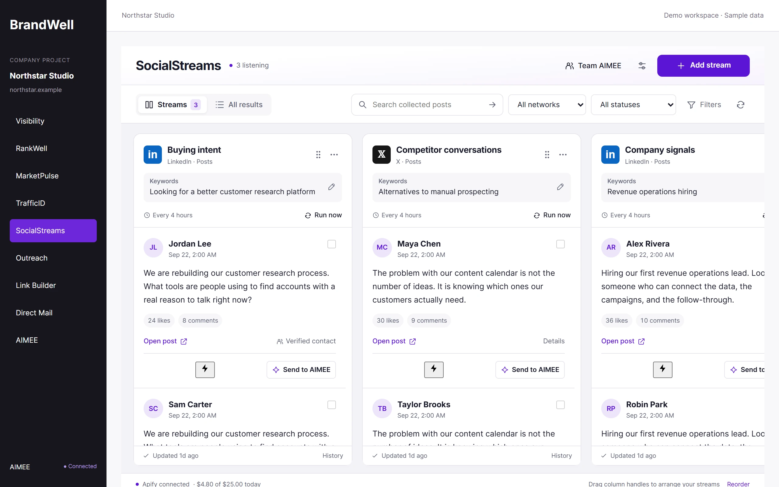 SocialStreams board with Buying intent, Competitor conversations, and Company signals streams