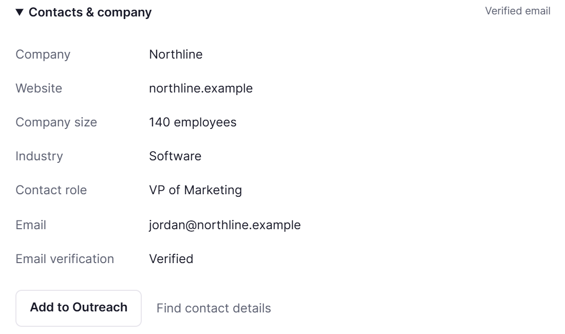 Contacts and company: Northline, 140 employees, Software, VP of Marketing, verified email