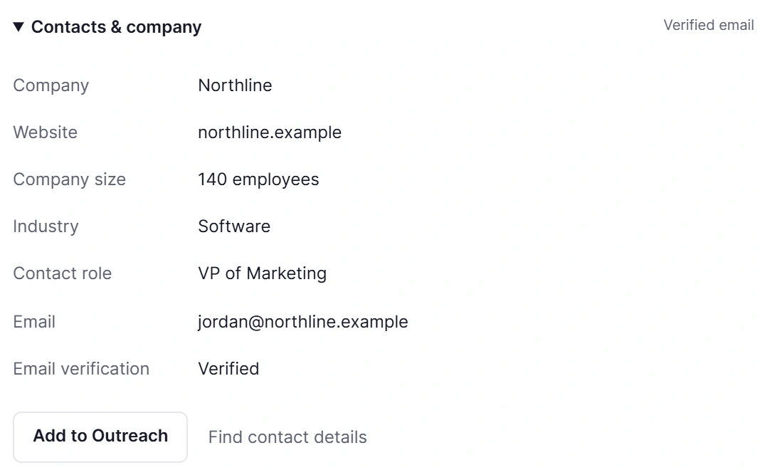 Contacts and company: Northline, northline.example, 140 employees, Software, VP of Marketing, verified email