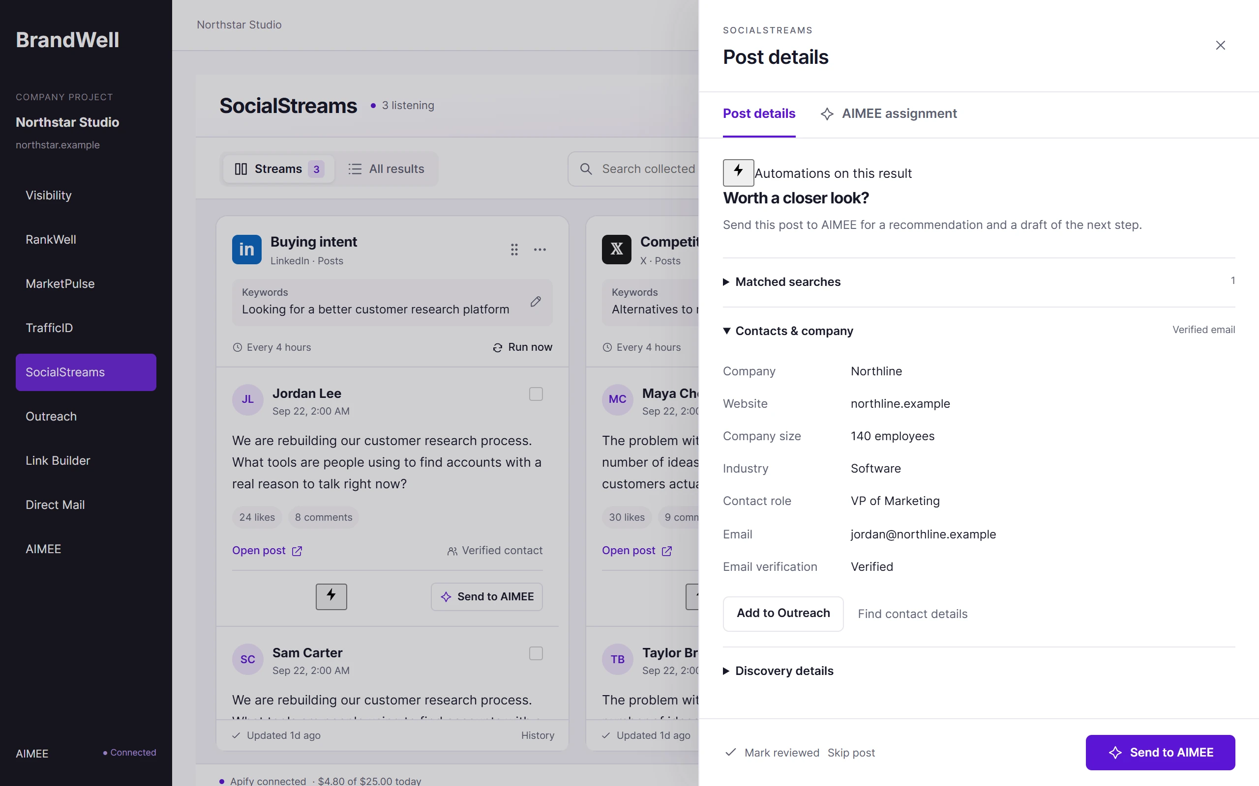 SocialStreams post details with the enriched contact: Northline, VP of Marketing, verified email