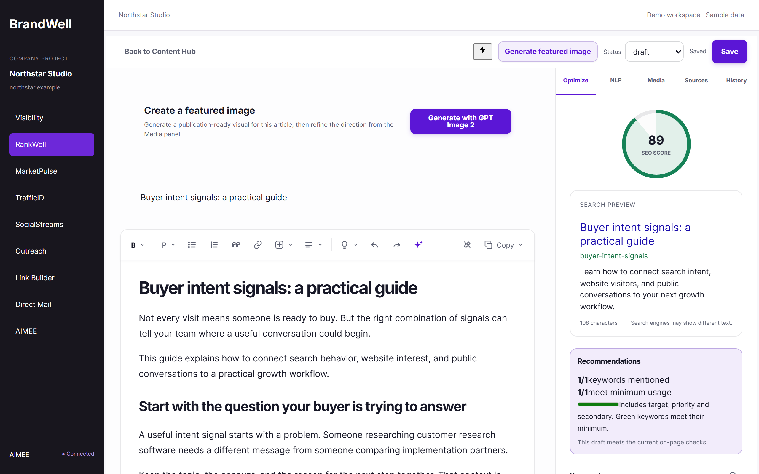 RankWell product workspace with fictional demo data