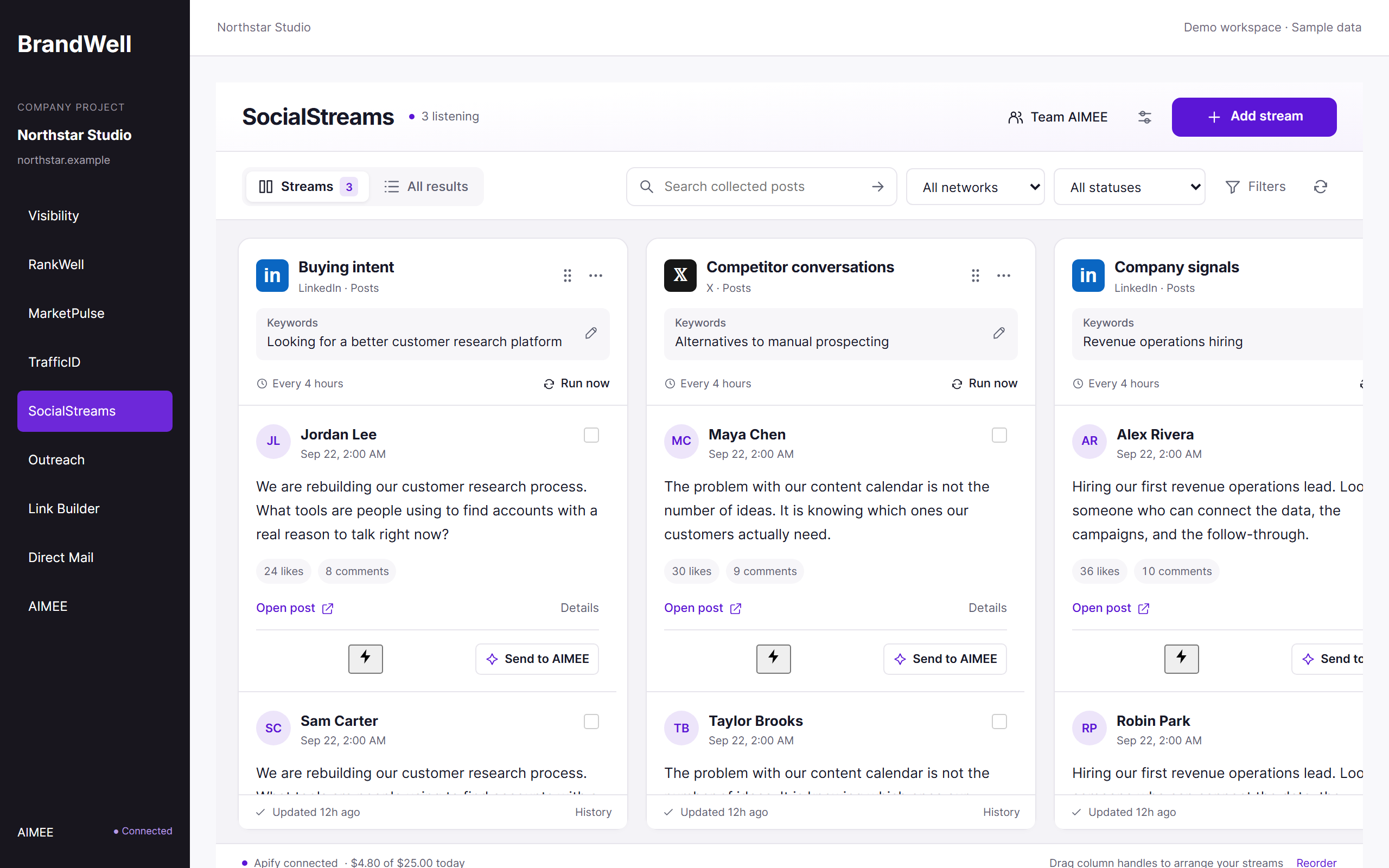 SocialStreams product workspace with fictional demo data