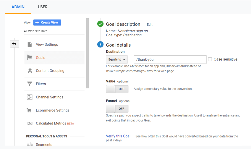 goal tracking in google analytics