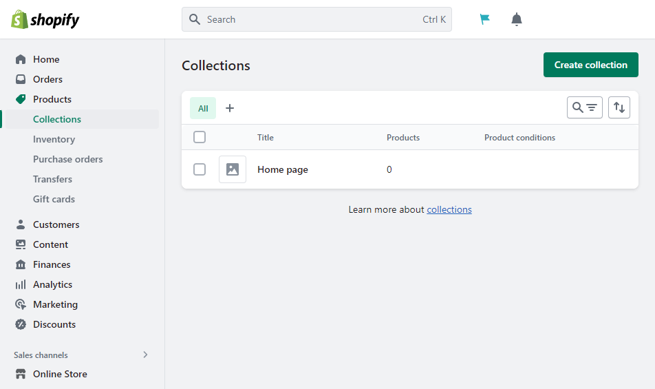 shopify collections dashboard