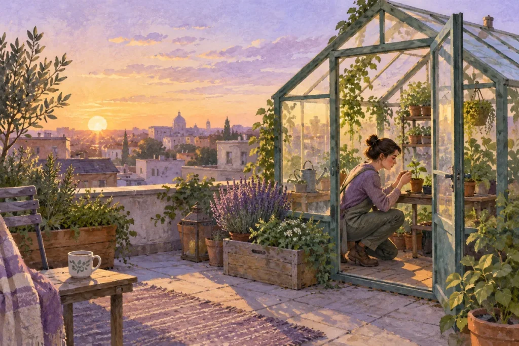 AI-generated gouache example of a gardener inspecting a young plant in a rooftop greenhouse at sunrise