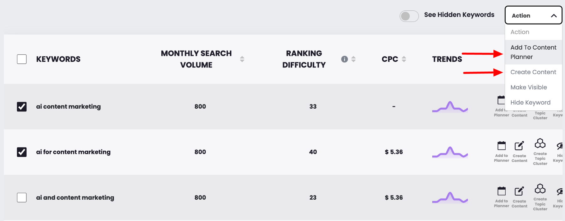 Keyword actions in Content at Scale.