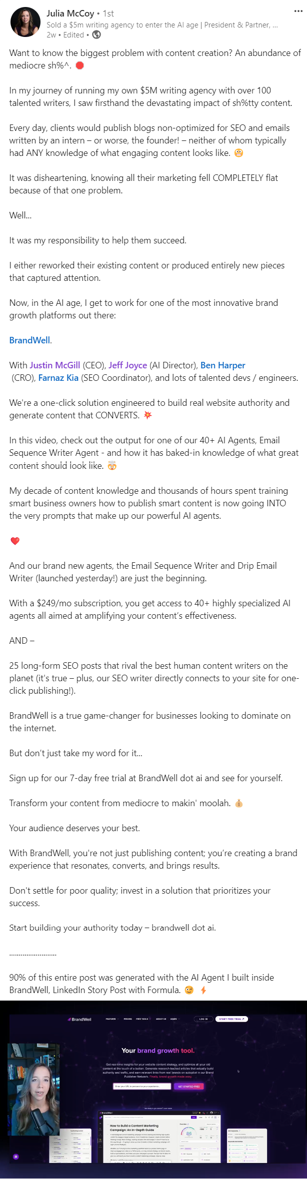 brandwell ai agent for linkedin story writing