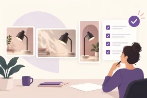 Illustration of image creative variations beside a human review checklist