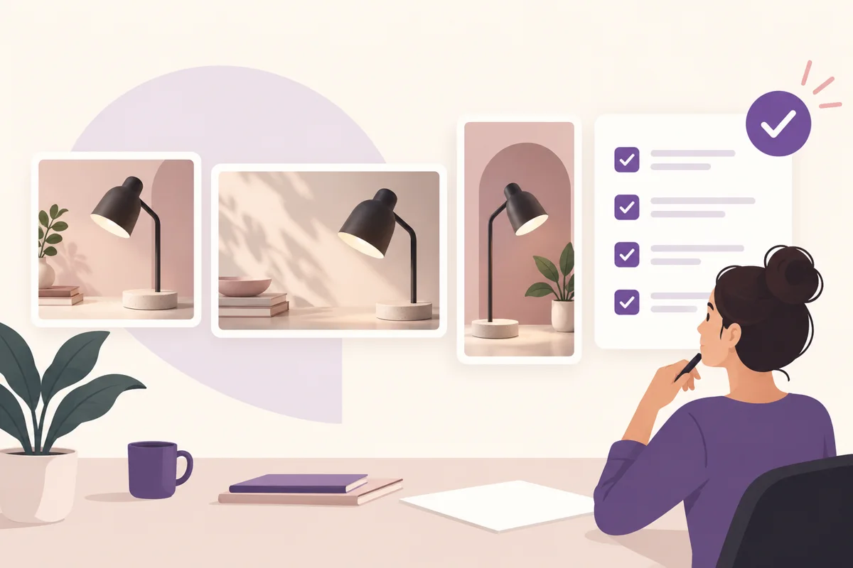 Illustration of image creative variations beside a human review checklist