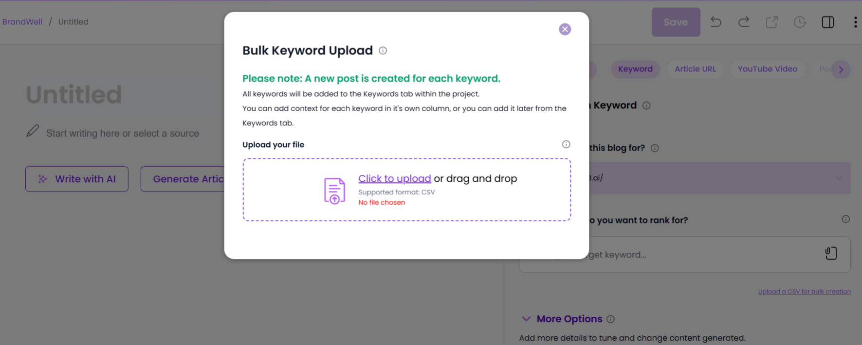 brandwell bulk keyword upload for content creation