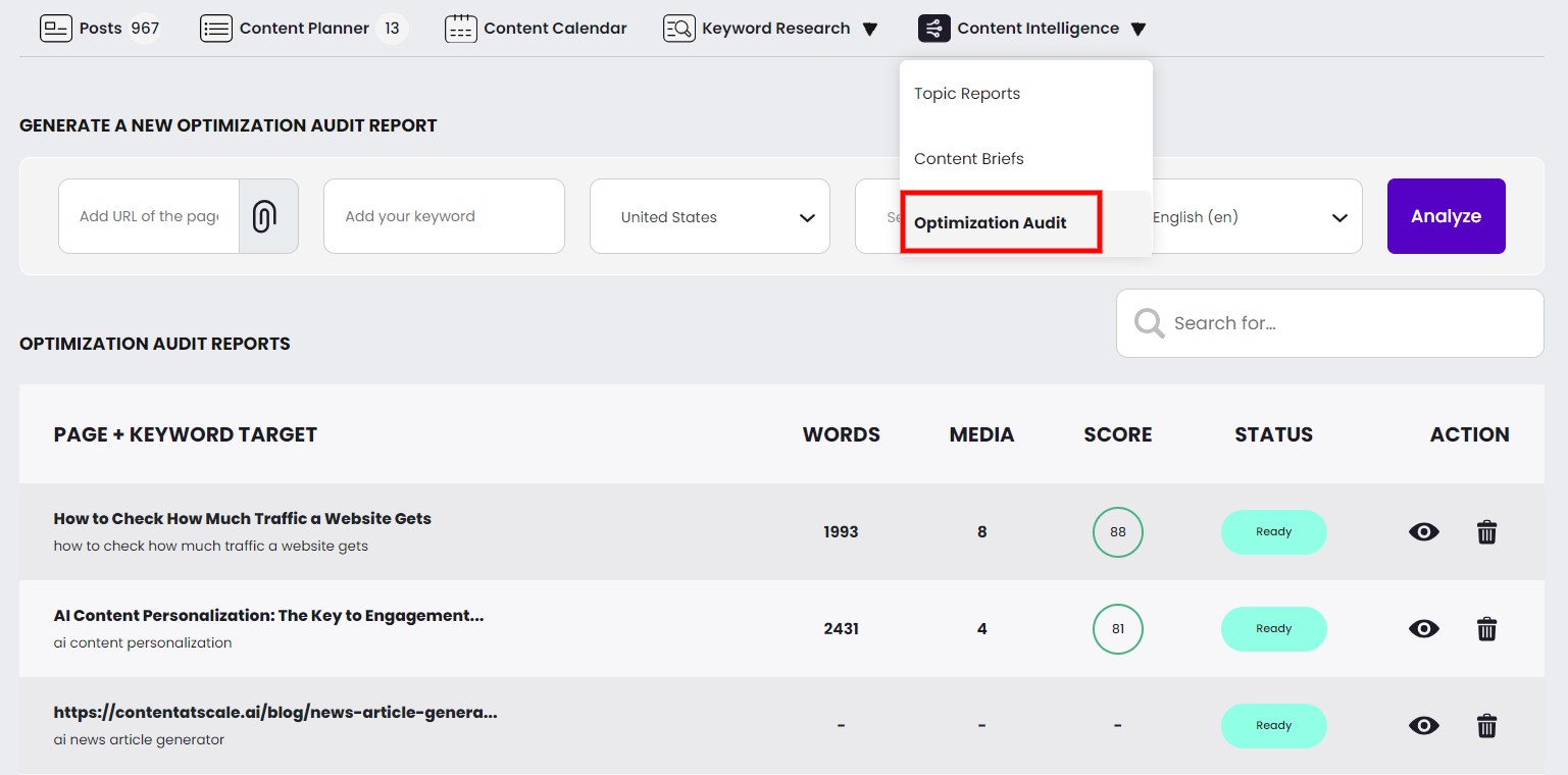 content at scale content optimization audit report