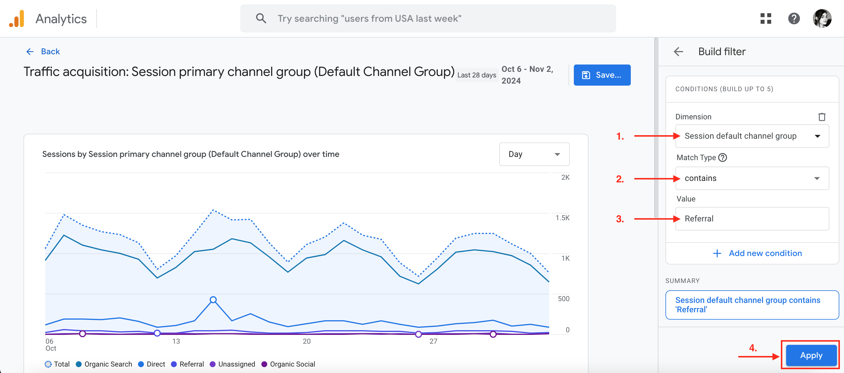 Adding filter to ga4 report for referral traffic