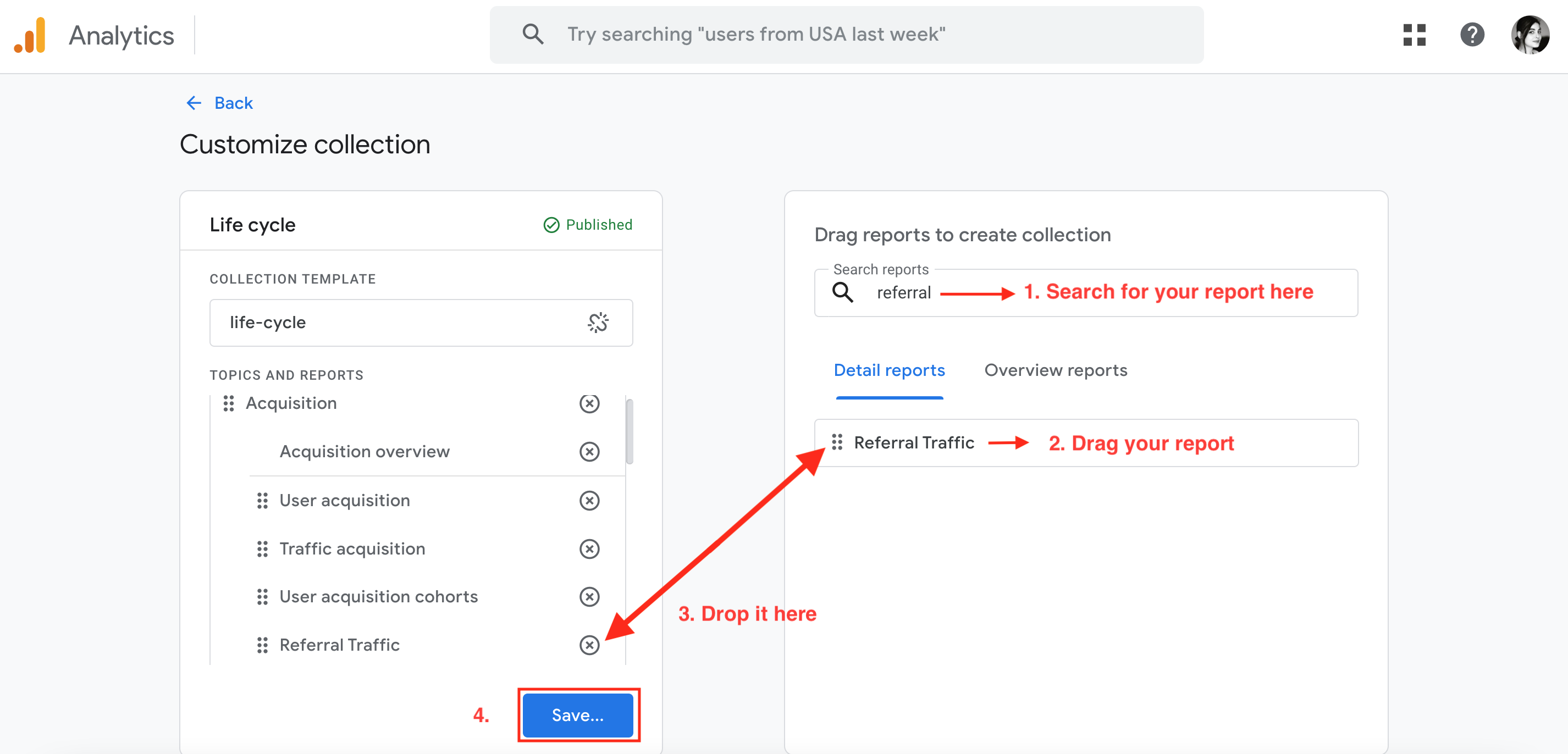 drag and drop a report in ga4