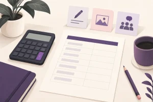 Illustration of a content budget worksheet, calculator, and production task cards