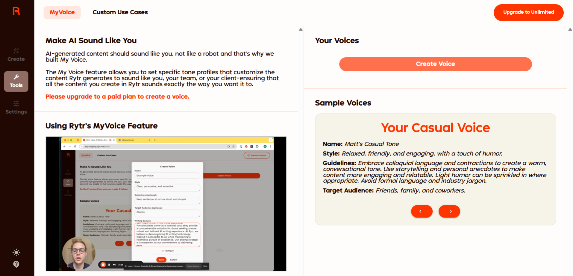 create my voice rytr