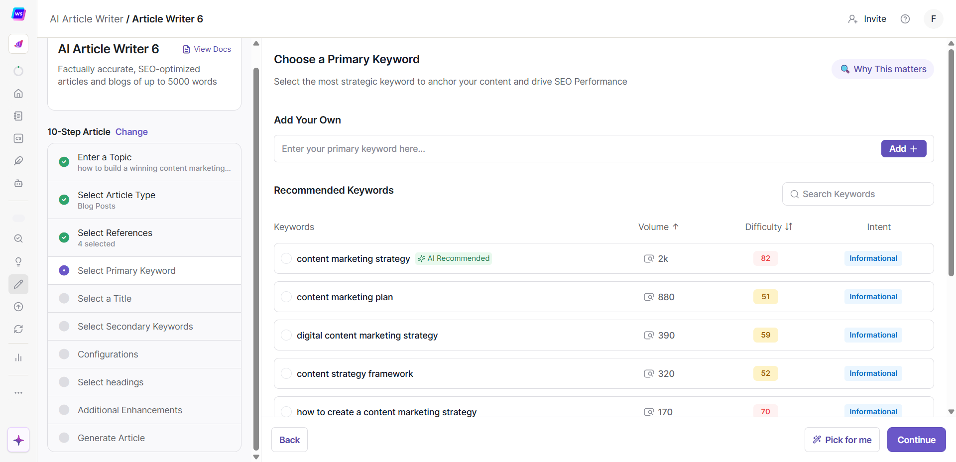 writesonic choose keywords