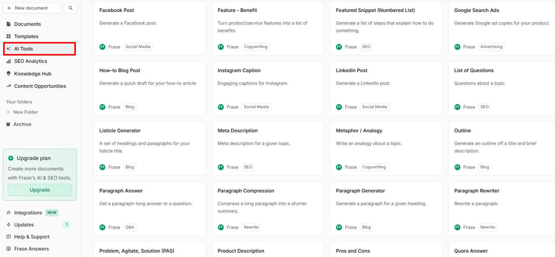 frase AI tools for short-form copy