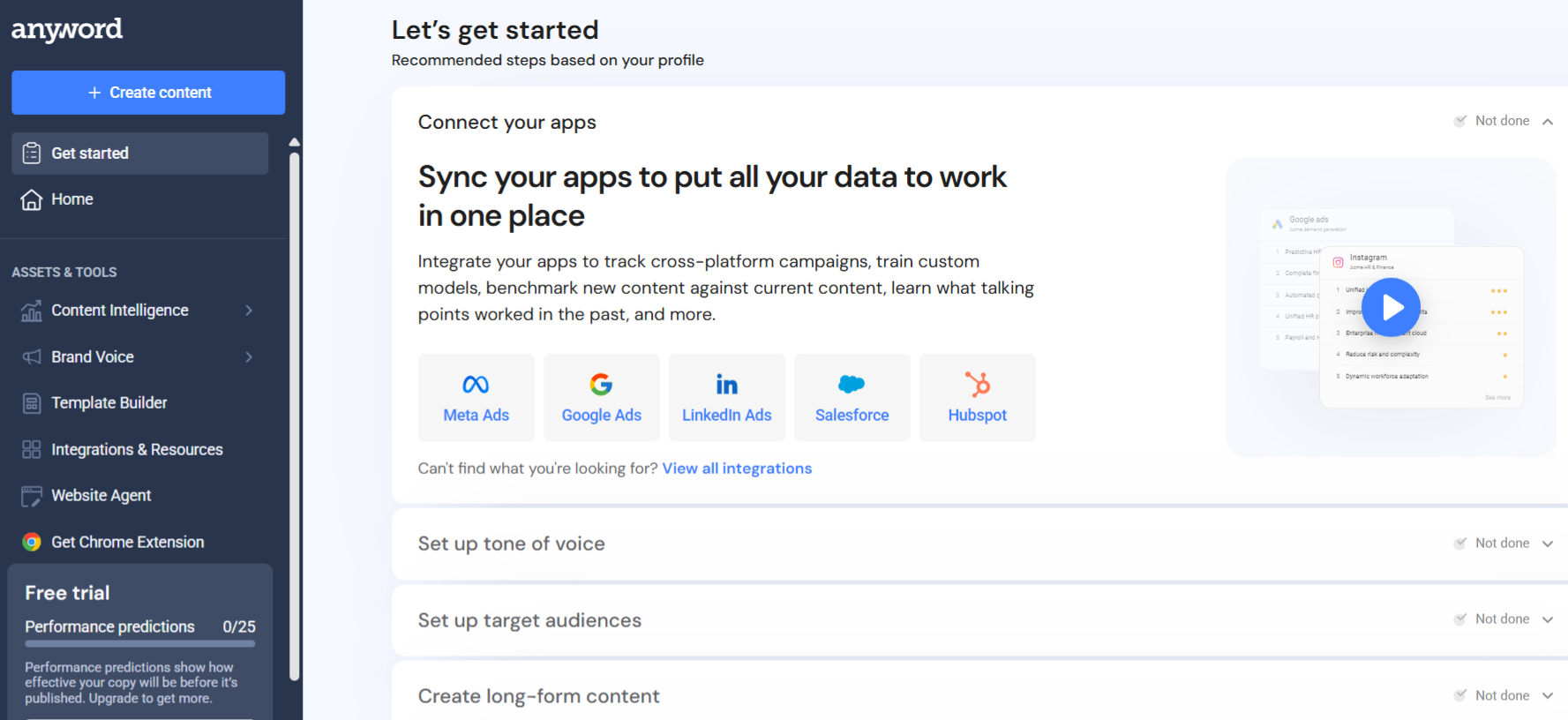 anyword initial setup for tone of voice, target audience, integrations