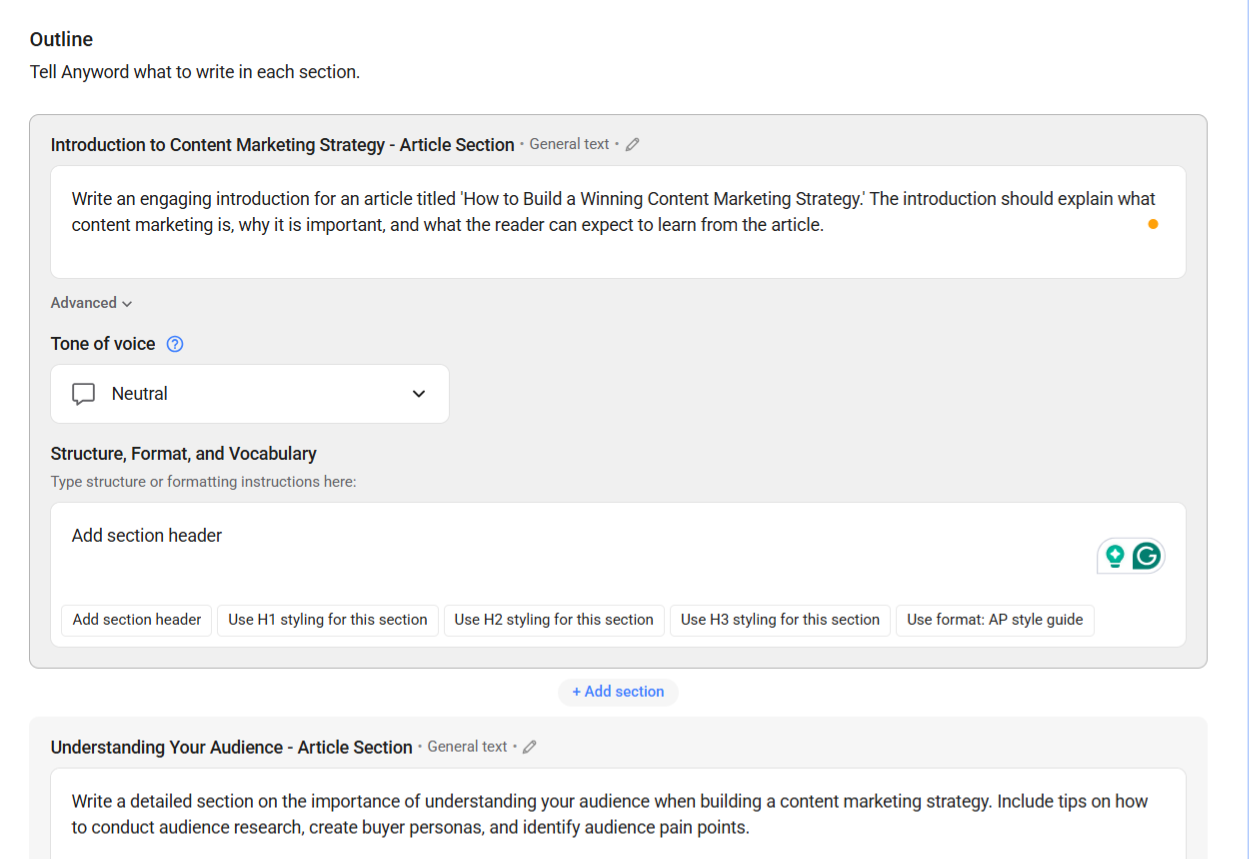 anyword long-form editor choose custom tone of voice and target audience