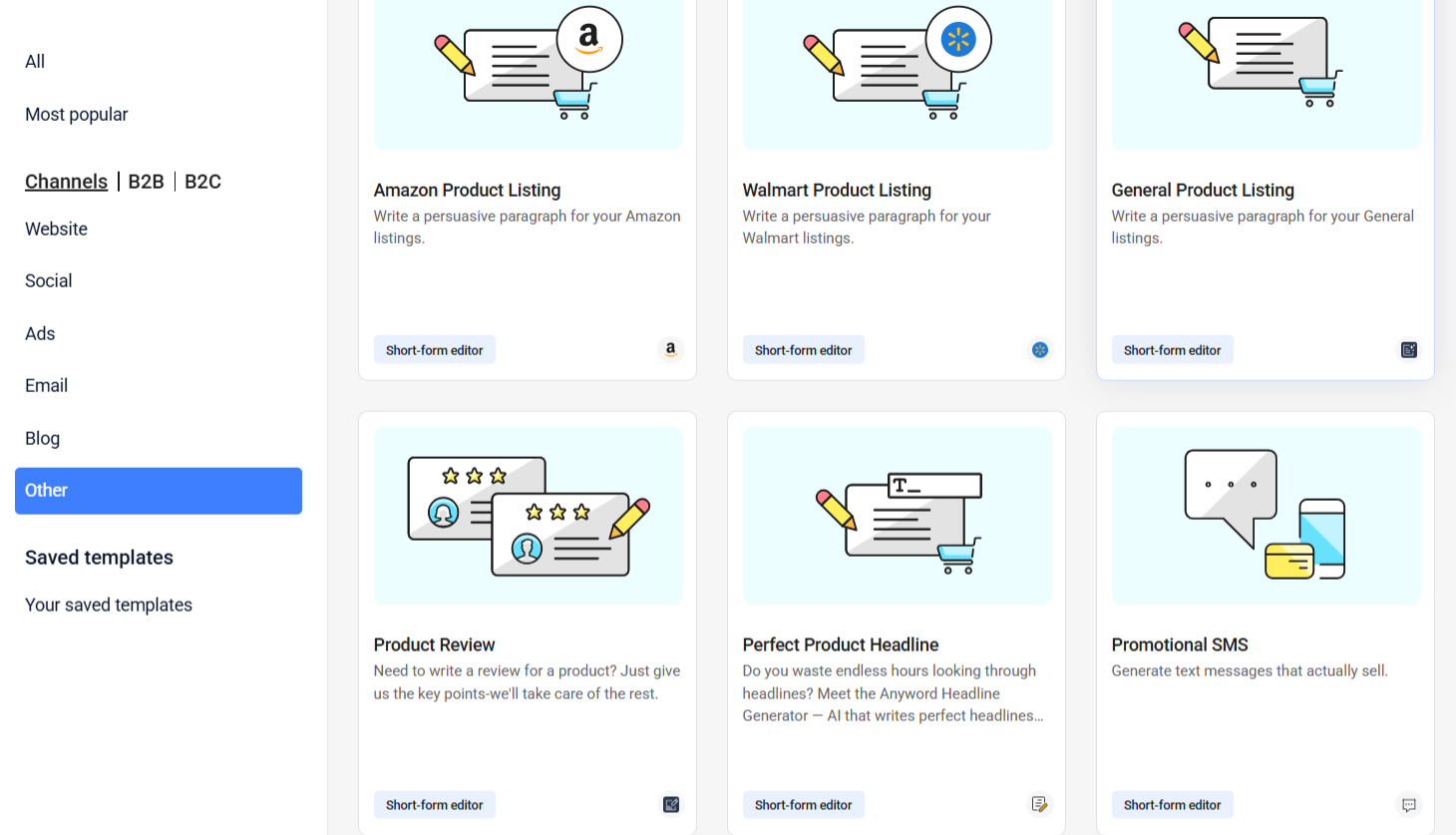 anyword 100+ templates for short form content