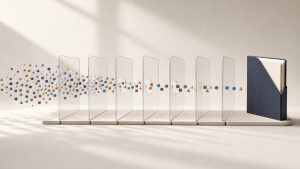 Abstract signal markers moving through seven quality gates into a client-ready report folder