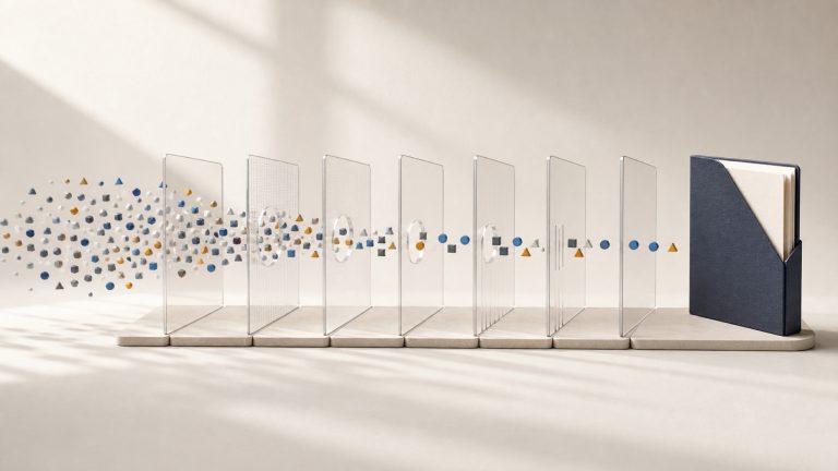 Abstract signal markers moving through seven quality gates into a client-ready report folder