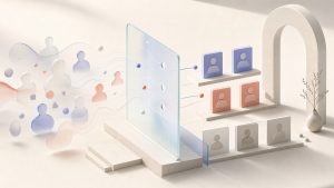 Abstract website visitors becoming separated company and person profile tiles after an identification plane
